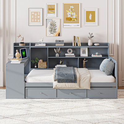 Gray Twin Daybed With 3 Large Drawers, Desk Ports - Pine Wood For Bedroom Space Saving Size Wood, Drawers & Integration
