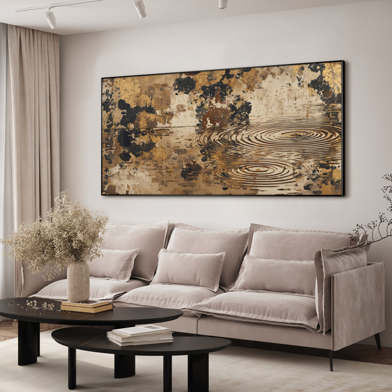 Très grande reproduction d'art sur toile - Or rétro et ondulations d'eau noires, décoration abstraite pour le salon ou la chambre à coucher - «Assemblage requis du cadre (cadre non fini)»