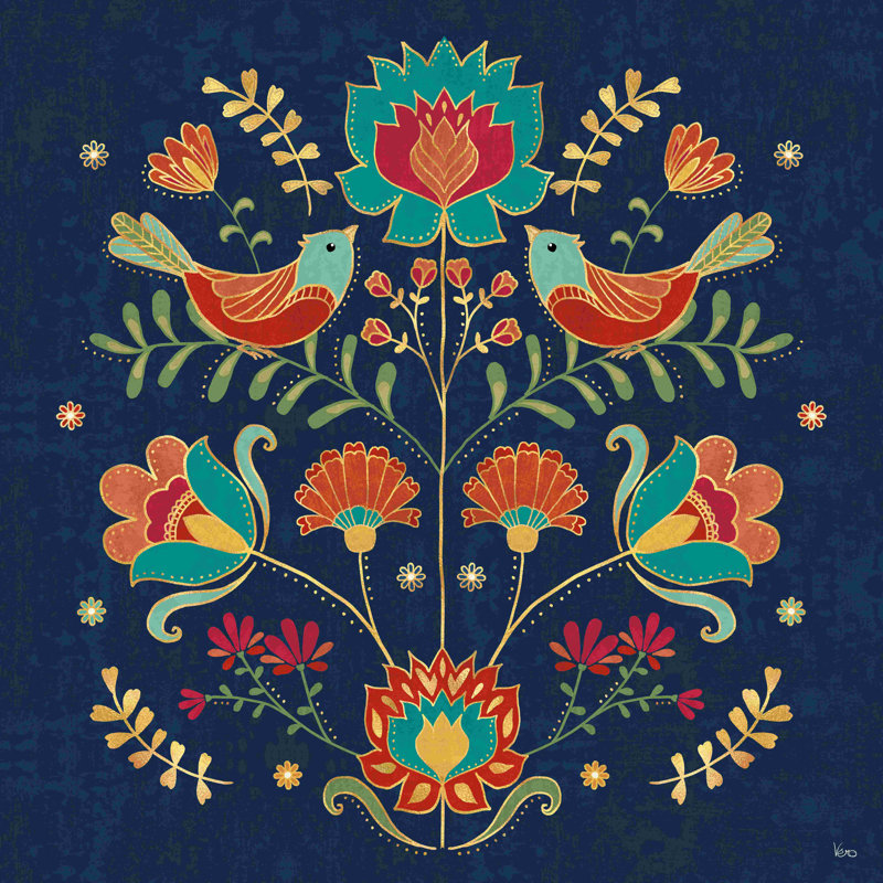 «Folk Floral II Dark» par Véronique Charron, impression sur toile tendue, H 12 po x l 12 po, Non, Toile tendue