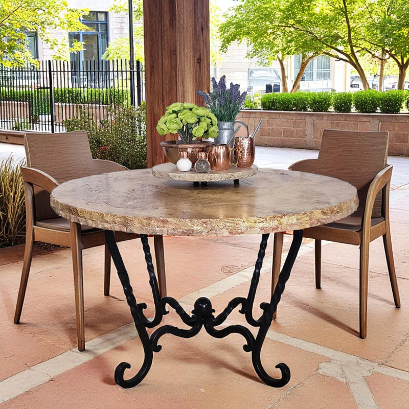 54" Peach Travertine Patio Dining Table: Hand-forged Wrought Iron Base