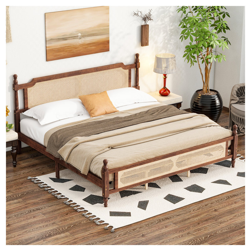 Très grande base de lit en rotin de très grande taille avec tête et pied de lit en bois de pin massif - Lit plateforme Boho avec support central