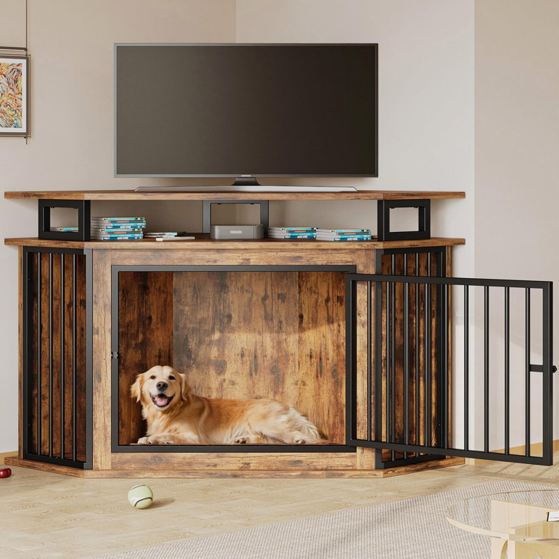 Meuble de rangement en coin pour chien 51 po avec tablettes à 2 niveaux, Moyen (H 33 po x l 51,1 po x P 23 po), Brun