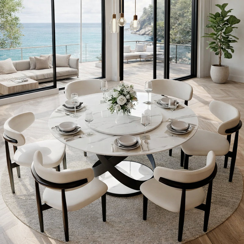 Modern Round Dining Table, Sintered Stone Tabletop with Lazy Susan, Carbon Steel Base Pre-Assembly, Glossy White/Black