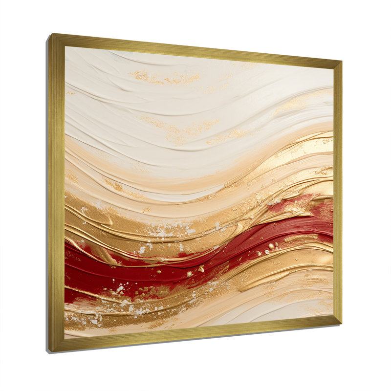 «Gold and Red Soft Wave Fusion», impression sur toile abstraite, Cadre doré simple, H 24 po x l 24 po x P 1 po