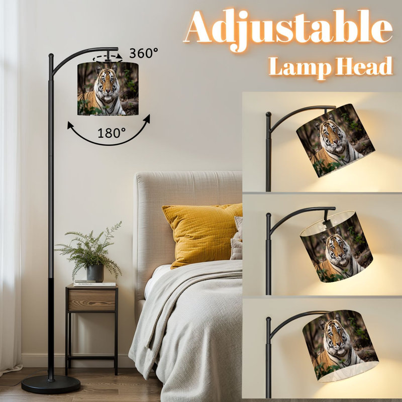 Lampe sur pied à arc avec abat-jour réglable Portrait de tigre Lampe sur pied à 3 températures de couleur à intensité variable avec interrupteur au pied pour la chambre à coucher