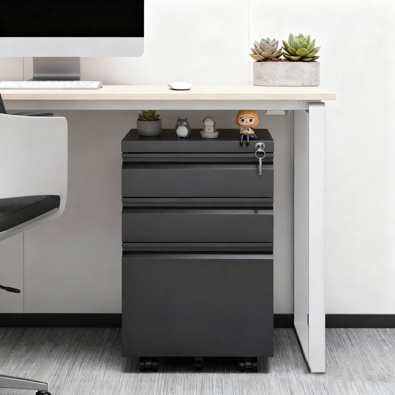 Classeur mobile H 23,6 po x l 14,7 po à 3 tiroirs noir avec serrure, classeur en métal roulant entièrement assemblé sur roulettes, pour le bureau personnel et sous le bureau, peut contenir des documents de format lettre, légal et A4