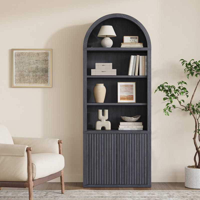 Bibliothèque à 5 niveaux avec 2 portes cannelées et tablettes réglables, Aulne gris foncé, 2