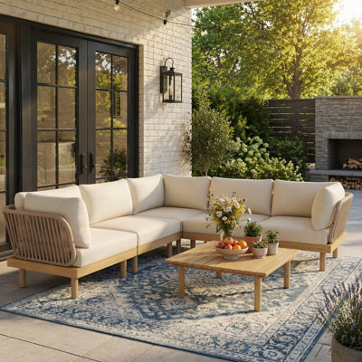 Ensemble de canapé modulaire en forme de L en bois d'acacia 6 pièces avec dossier en corde et coussins résistants aux intempéries, parfait pour le patio et la piscine