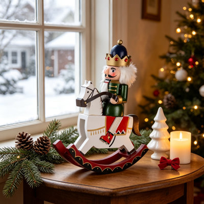 Casse-noisette en bois de 30 cm sur cheval à bascule, figurines de casse-noisette, décoration de Noël pour table, étagères, foyer, ornements de Noël pour la maison