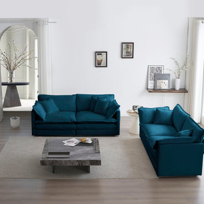Salon 2 en chenille bleue. Bois massif, éponge confortable, tissu respirant polyvalent en chenille de canapé, structure en bois, revêtement, sièges polyvalents