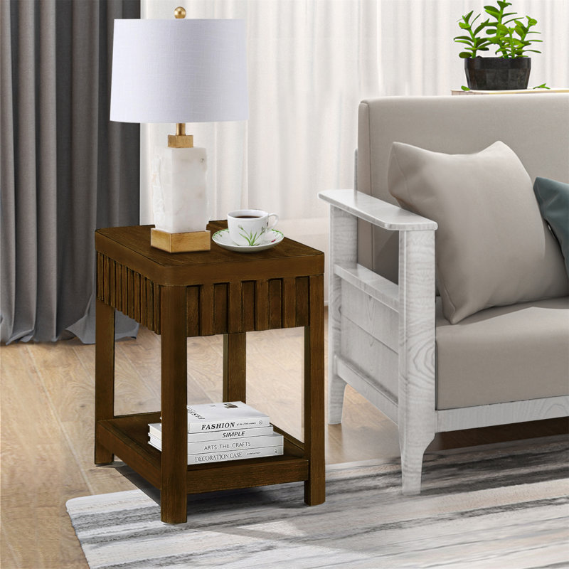 25'' Rectangular Farmhouse End Table With Storage Shelf, Sofa Side Table With Solid Wood Legs For Living Room, Bedroom, Office
