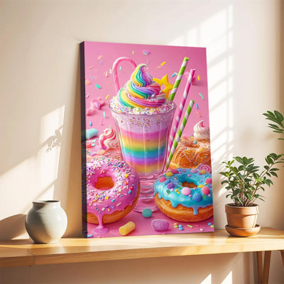 Vibrant Rainbow Milkshake And Colorful Donuts Candy Dessert Large Gallery Wrapped Canvas Wall Art Print For Living Room Bedroom