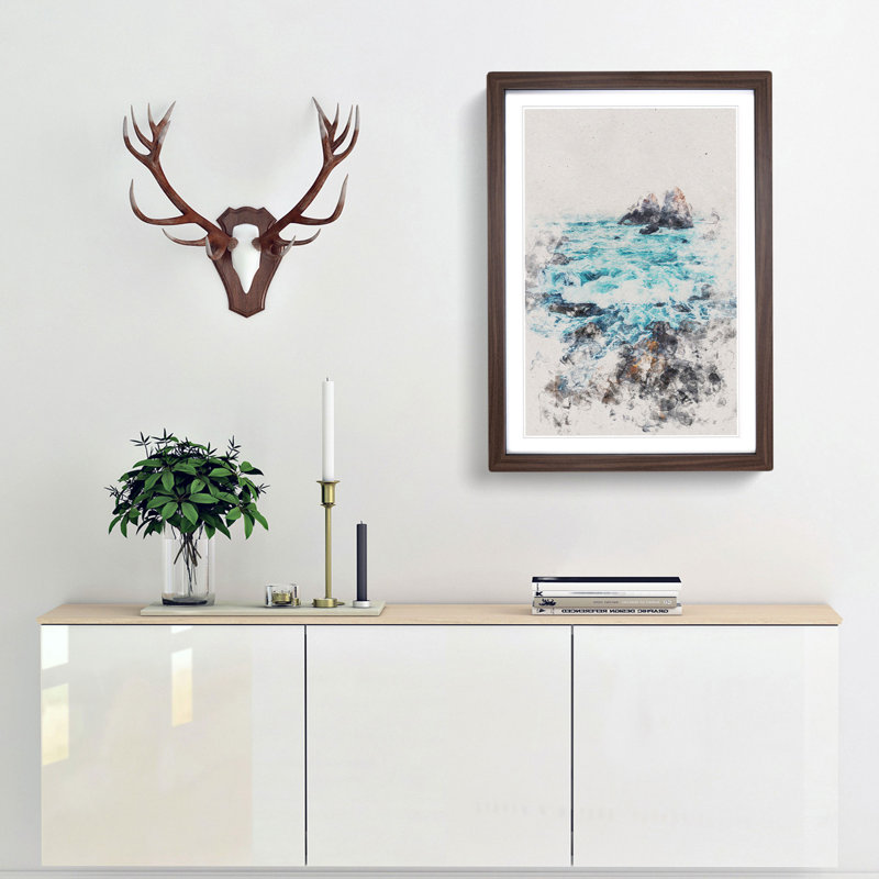 The Ocean Against The Rock - Painting, Walnut Single Picture Frame Wood, 33cm H x 24cm W x 2cm D