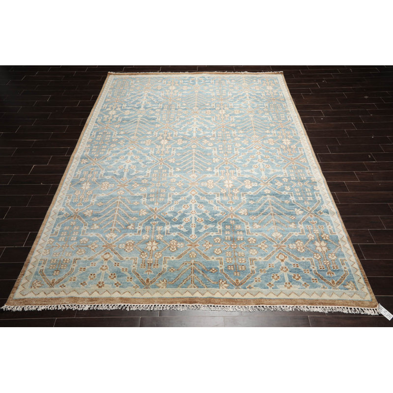 Tapis rectangulaire en laine noué à la main turquoise, Rectangle 8 pi x 10 pi