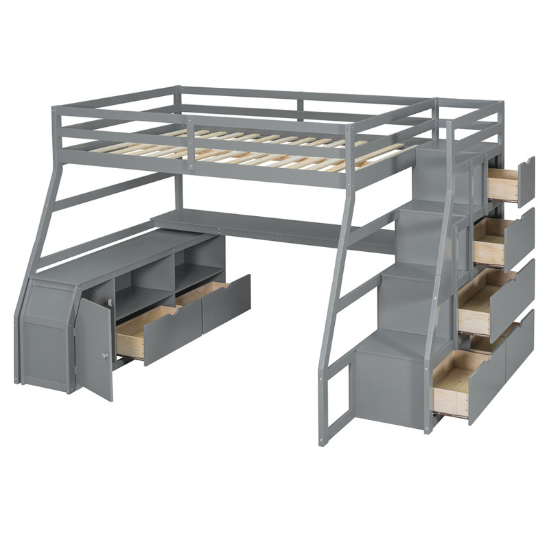 Lit mezzanine double avec 7 tiroirs, 2 tablettes et un bureau, Gris, Lit double