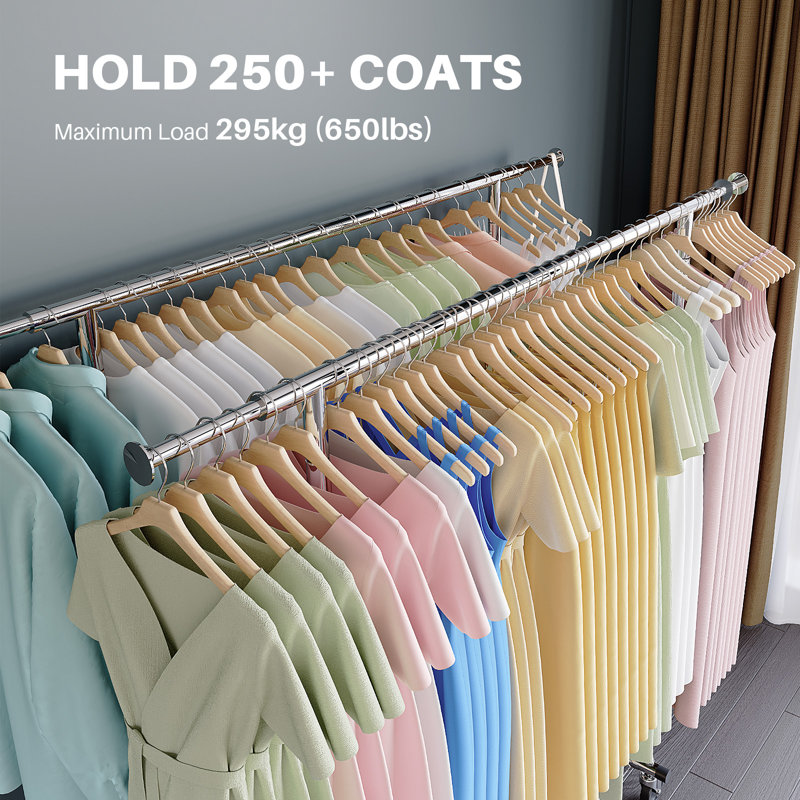 Double Rail Clothes Rack on Wheels, 295kg(650lbs) Capacity with Bottom Shelf, Extendable Length & Height, Silver