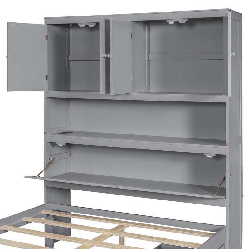 Lit plateforme en bois avec port USB, tête de lit et tiroirs de rangement, Gris