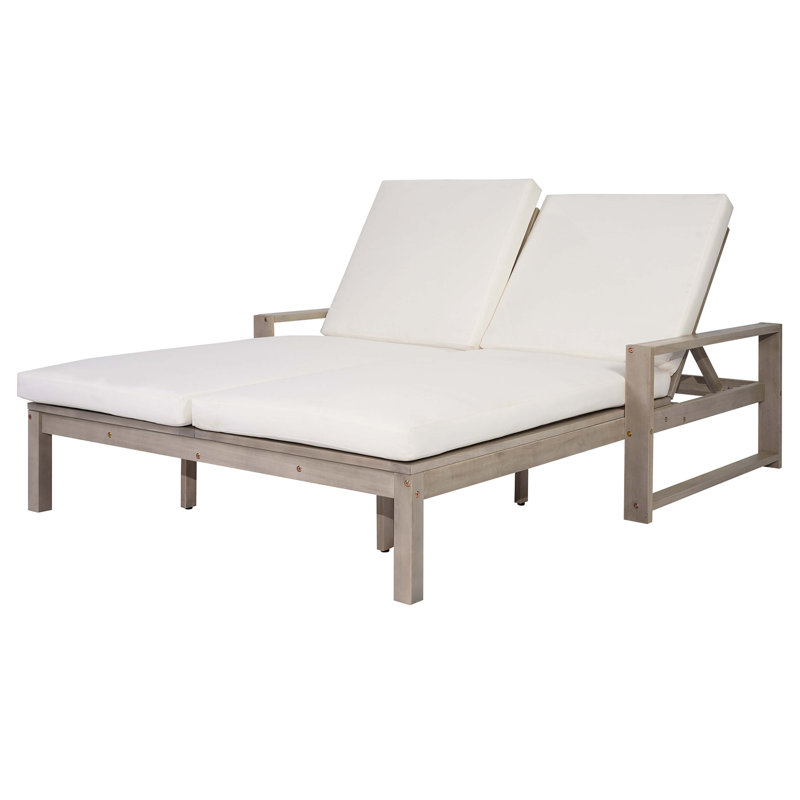 Outdoor Double Lounge Chair With 5-Position Adjustable Backrest For Each Seat, Wood Patio Chaise Lounge With Removable Cushions For Patio, Poolside, Garden