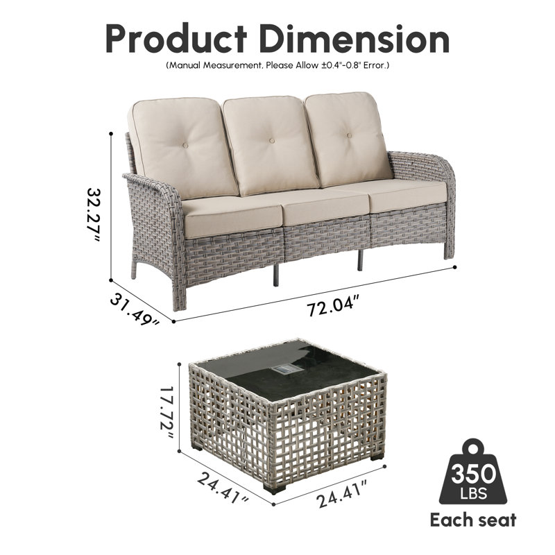 Emroy 3 - Person Wicker/Rattan Outdoor Sofa Seating Group with Lighted Coffee Table and Cushions, All Weather High Back Conversation Set for Garden Backyard