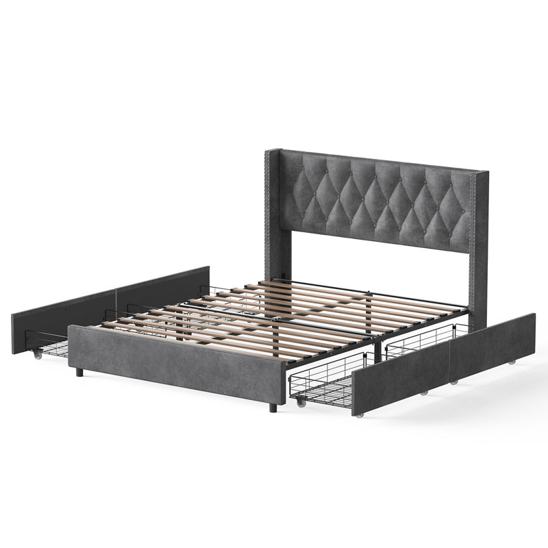 Lit rembourré en velours avec 4 tiroirs de rangement Better Home Products Izayah, Double, Gris