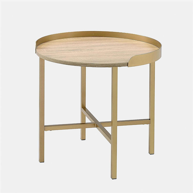 Table de bout ronde avec plateau, chêne et or