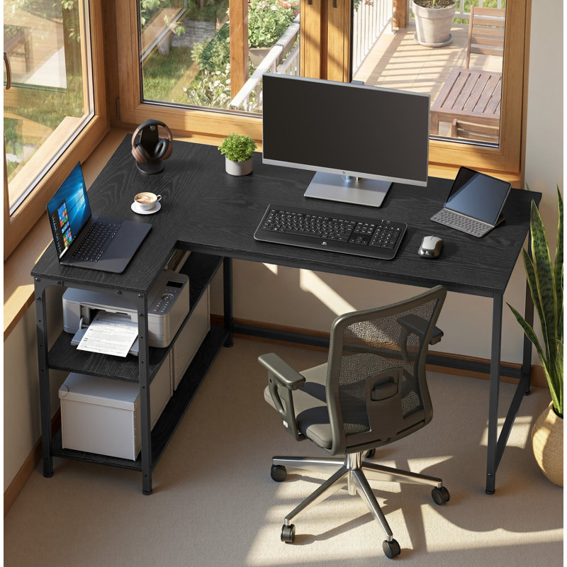 Corner Computer Desk With Adjustable Storage Shelves, L Shaped Gaming Table For Office, Black, 76cm H x 120cm W x 80cm D