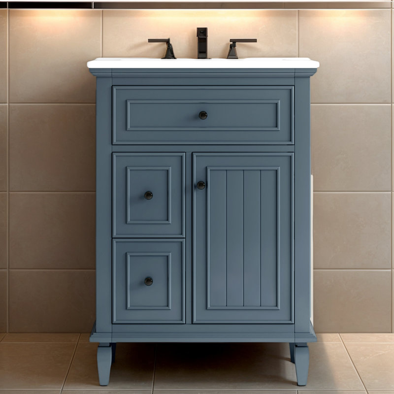 24" Bathroom Vanity With Sink, Bathroom Vanity Cabinet With One Flip Drawer And Two Drawers, Adjustable Shelf, Solid Wood And MDF
