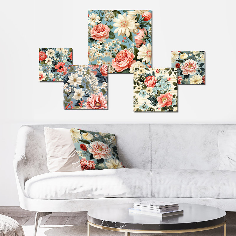 Jardin floral rose Serenade Beauty I - ensemble de 5 décorations murales florales