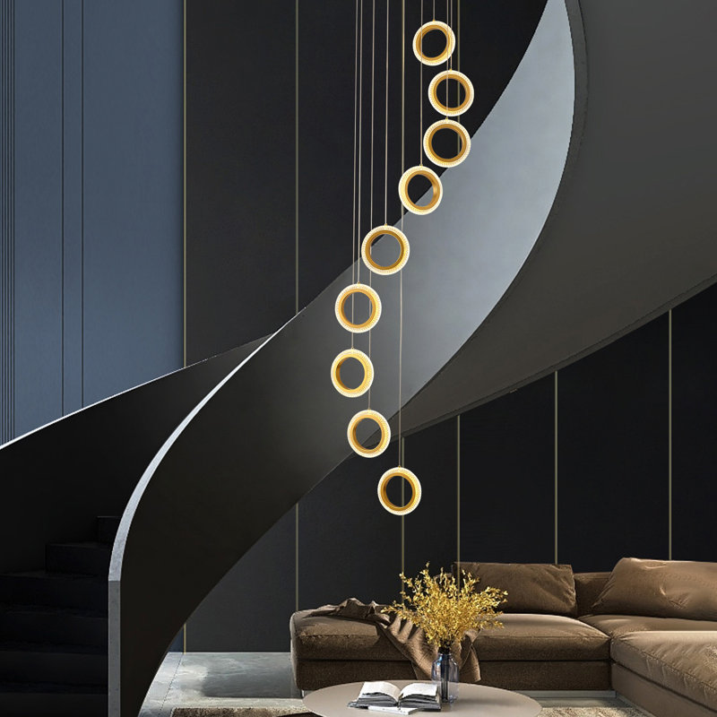 Gold Acrylic and Aluminum 9-Ring Adjustable Height Chandelier