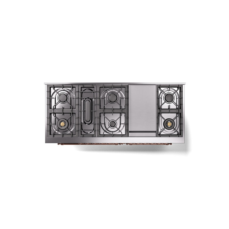 ILVE Nostalgie II 60 in Dual Fuel Range, 9 Burner, Griddle, Liquid Propane, Burgundy Red/Copper