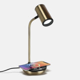 Ezra 16.5" Modern LED Desk Lamp with Gold Finish, Wireless Charging Pad, Adjustable Head, and 3-Way Dimming