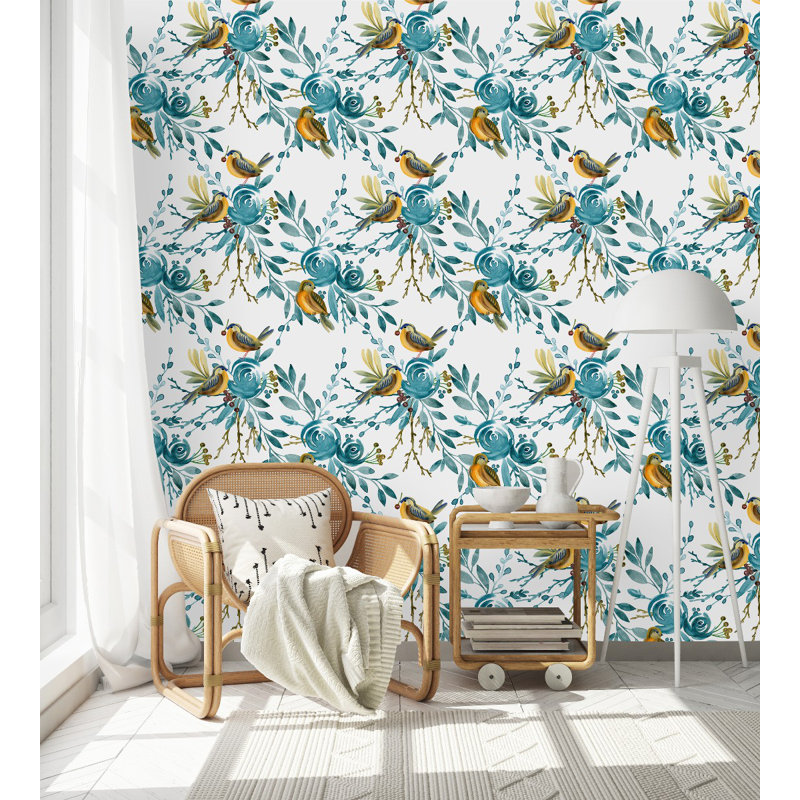 Carreau de papier peint oiseaux l 10,4 pi x l 25 po Birds On Blue Flowers