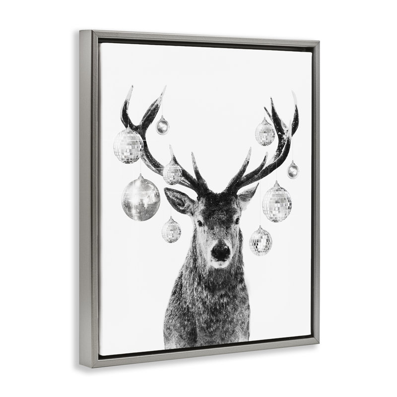 «Deer with Disco Balls», art mural sur toile par Victoria Barnes, H 31 po x l 25 po, Cadre flottant gris lustré