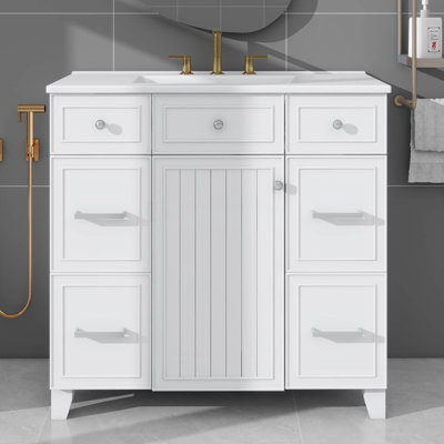 36 Inch Bathroom Vanity With Durable Ceramic Basin Soft-Close Doors Flexible Shelves And  Roomy Drawers
