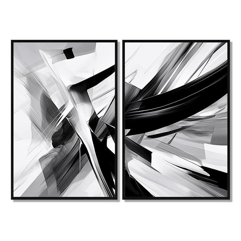 Abstract Waves Black White Explosion - Black Art Prints On Canvas, 36" H x 48" W, Floater Framed Print, Black