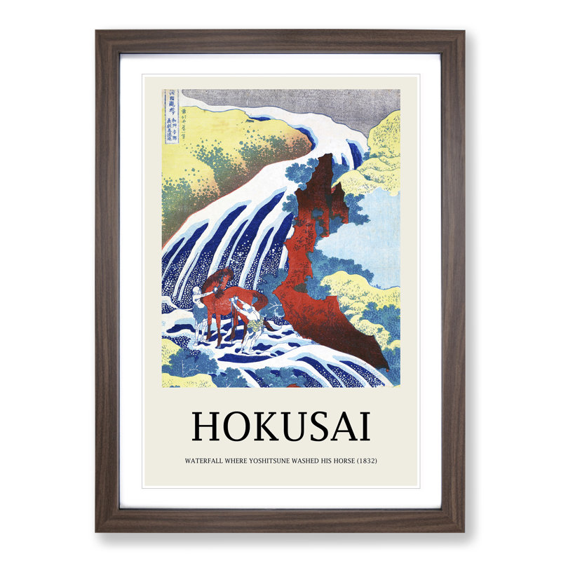 Yoshitsune Falls Print by Katsushika Hokusai - Picture Frame Painting, Walnut, 36cm H x 27cm W x 2cm D