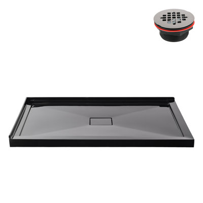 Base de douche 48 po x 36 po en acrylique noir brillant avec drain central, drain inclus