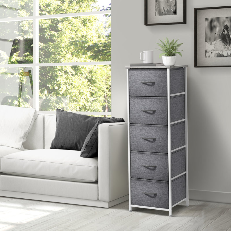 Table de chevet étroite 5 tiroirs Sorbus - Structure en acier, plateau en bois, bacs en tissu - Gris, gris