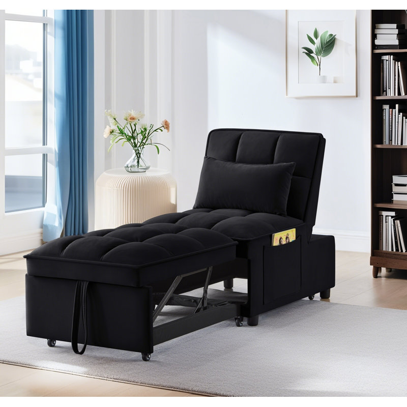 Tufted Single Pull-Out Sofa Bed with Adjustable Backrest And Pillows, Convertible Chaise Lounge, Black