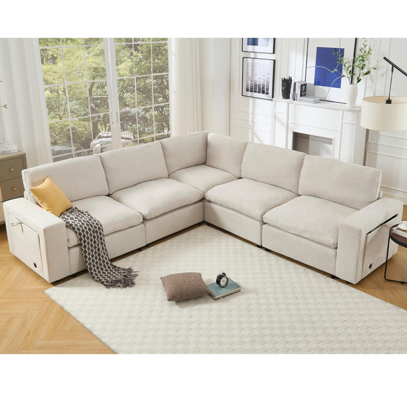 Canapé moderne 5 places, Lin beige