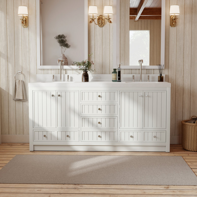 Meuble-lavabo 36 po avec comptoir en quartz blanc Thassos Aula, Blanc perle, 72"