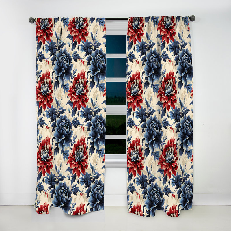 Rouge et bleu damassé fleur nostalgie - rideau damassé - rideau damas obscurcissant - 1 panneaux, L 52 po x L 120 po