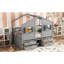 Lit mezzanine pleine grandeur en bois de pin gris avec fenêtres, 4 tiroirs de rangement, garde-corps et toit en bois avec aire de jeu fonctionnelle, garde-corps orienté confort-255084021