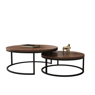 Set of 2 Nesting Coffee Tables for Small Spaces, 80cm Large & 60cm Small Round Table with Metal Frame, Ideal for Flats, Rentals (Grey & Walnut Options)，Fast Dispatch From UK Warehouse — 2 Working Days