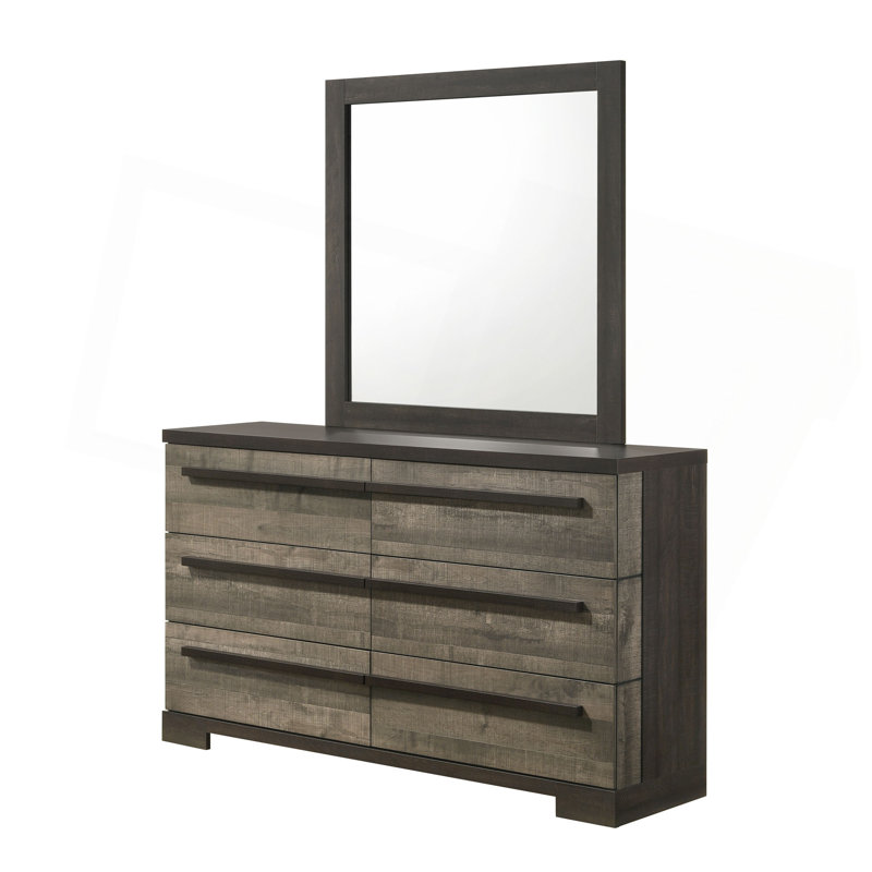 Mobilier de chambre à coucher 1 pièce à 6 tiroirs avec rangement à finition ébène, Gris