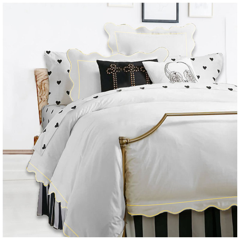 400TC Cotton Scallop Embroidery & Border Sateen Solid Duvet Cover Set, Full/Queen Duvet Cover, White/Ivory