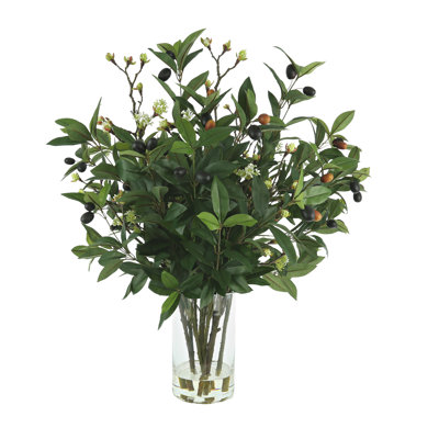 Olive Branches mixed with Blossoms Arranged in Glass Vase