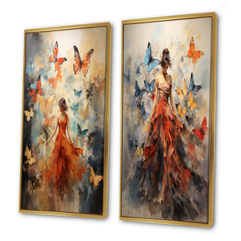 «Butterfly and Woman Dance», ensemble de 2 reproductions d'art sur toile, Cadre flottant doré, H 28 po x l 25 po