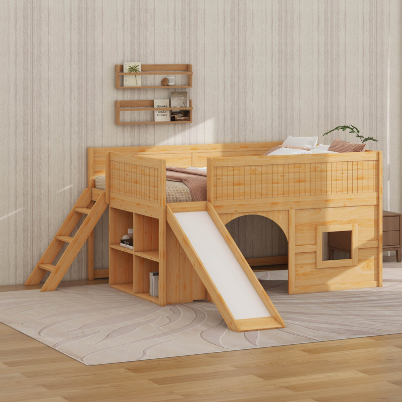 Full Size Low Loft Bed With Slide And Shelves, Multiple Functions Wooden Low Loft Bed Frame With Storage Shelves, Door And Window Design