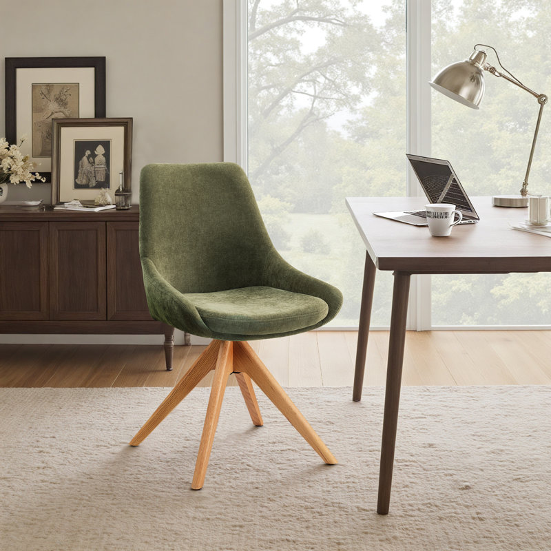 Swivel Fabric Upholstered Office Chair With Solid Wood Base, Green